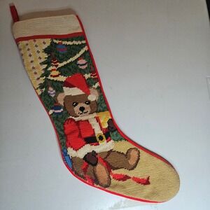 Vintage 1991 Peking Handicraft Needlepoint Christmas Stocking Santa Teddy Bear